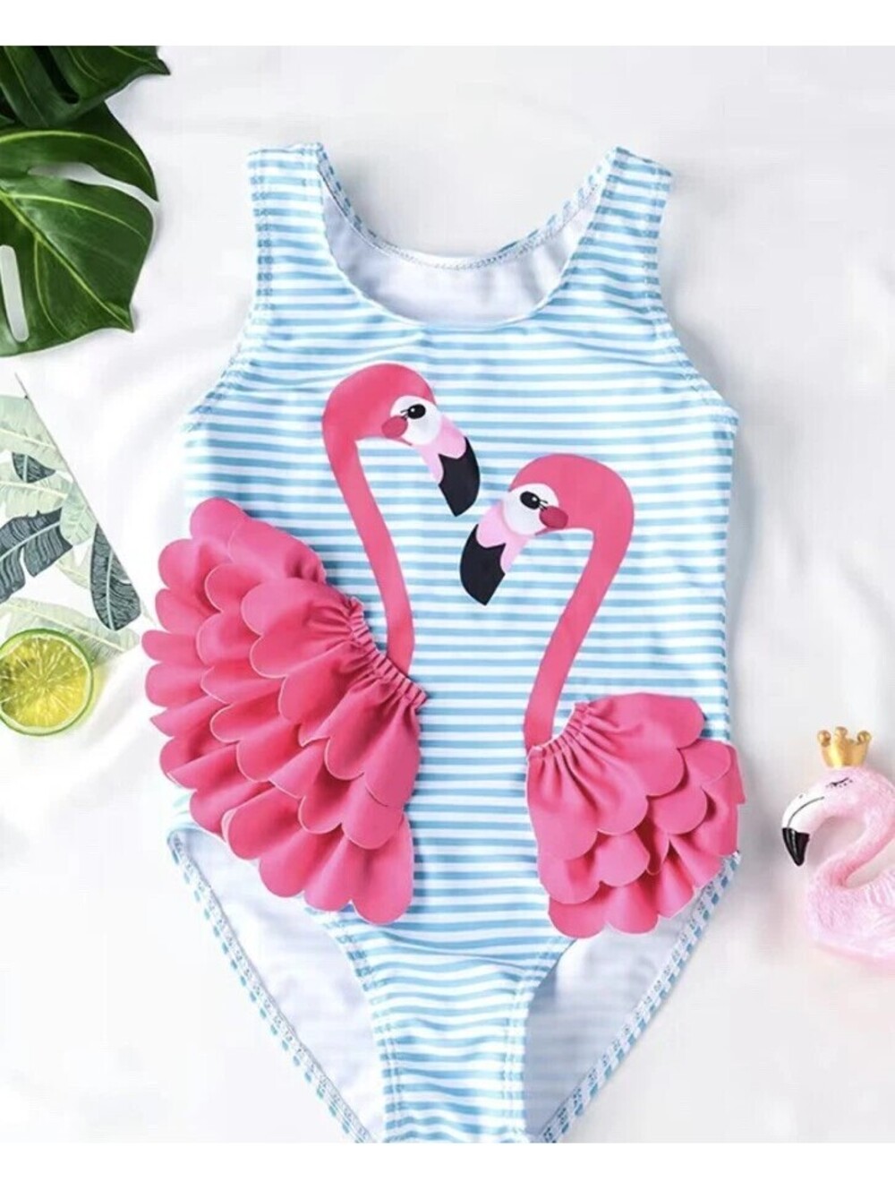 Toddler Girls' Blue and White Striped Flamingo One-Piece Swimsuit
